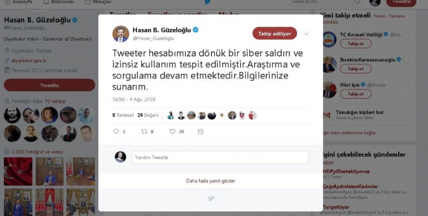 Diyarbakır Valisinin twitter hesabı hacklendi