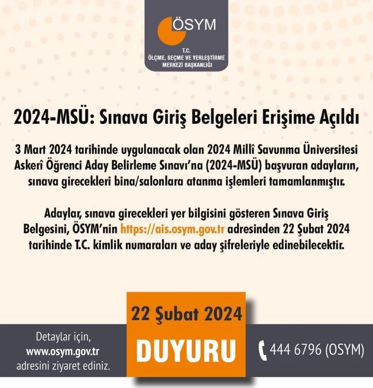 2024-MSÜ sınava giriş belgeleri erişime açıldı
