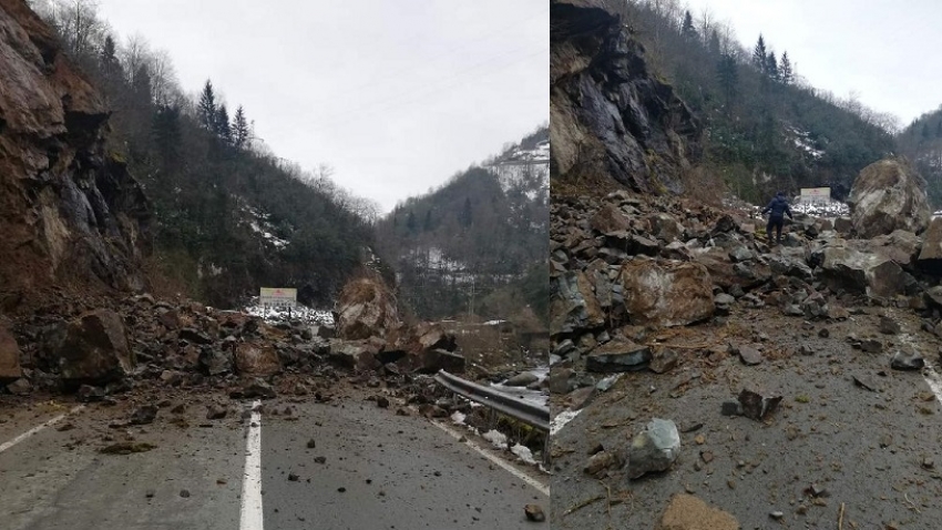 Rize’de heyelan: Düşen kayalar yolu kapattı