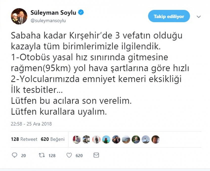 Soylu’dan Kırşehir’deki otobüs kazasına ilişkin açıklama