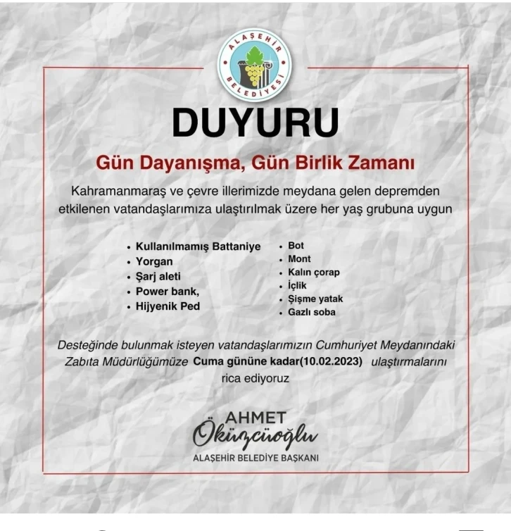 Alaşehir Belediyesi depremzedeler için yardım kampanyası başlattı
