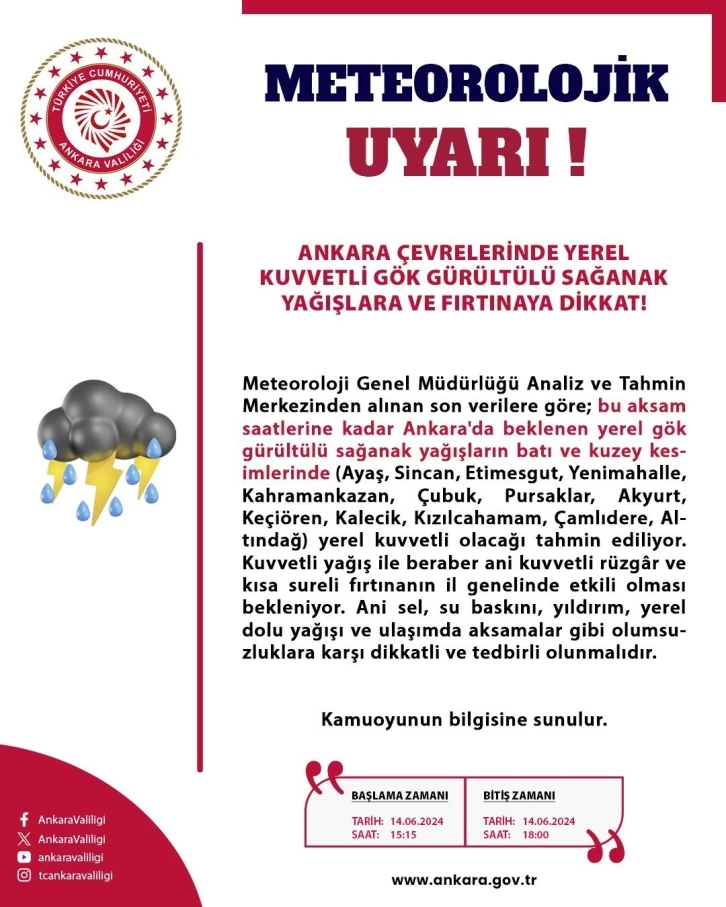 Ankara Valiliğinden ‘yerel kuvvetli gök gürültülü sağanak uyarısı’
