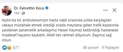 Bakan Koca’dan başsağlığı mesajı
