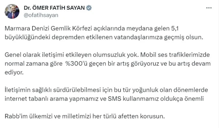 Bakan Yardımcısı Sayan: “(Deprem sonrası) İletişimi etkileyen olumsuzluk yok”
