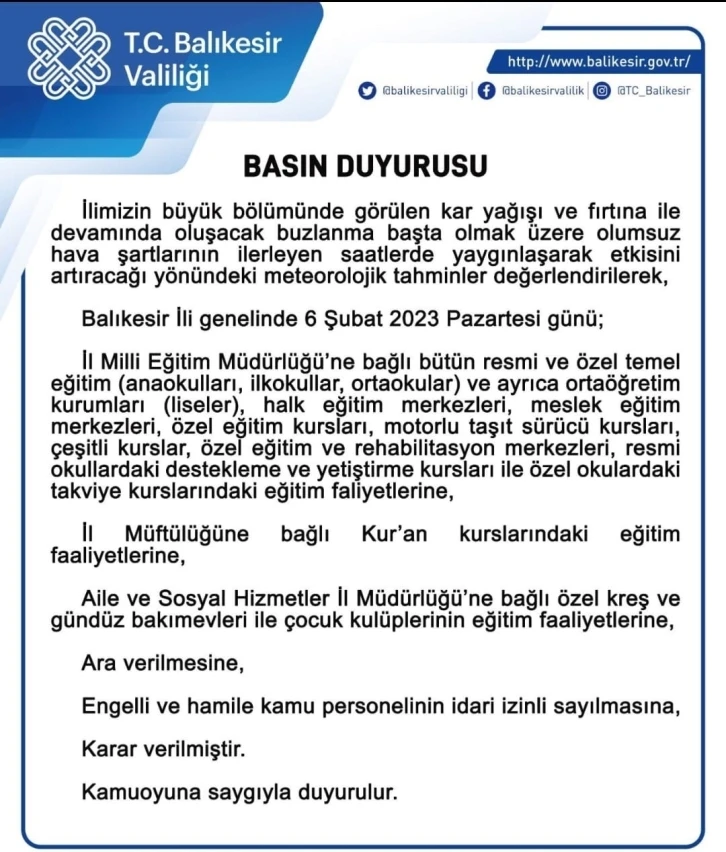 Balıkesir’de okullar tatil edildi