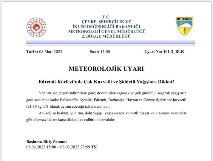 Balıkesir Valiliğinden Edremit Körfezi için şiddetli yağış uyarısı
