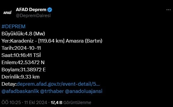 Bartın açıklarında 4,8 büyüklüğünde deprem
