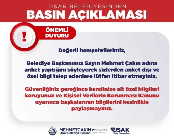 Başkan Çakın’ı bahane ederek bilgilere ulaşan dolandırıcılara dikkat çekildi
