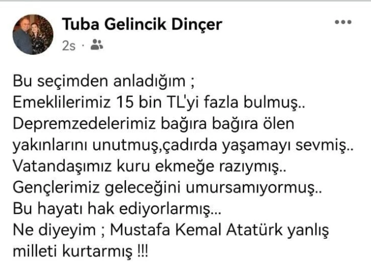 CHP’li Başkan Dinçer’in eşinden tepki çeken paylaşım: “Atatürk yanlış milleti kurtarmış"
