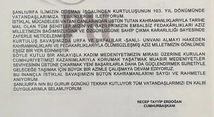 Cumhurbaşkanı Erdoğan’dan Şanlıurfa’nın kurtuluş gününü kutladı
