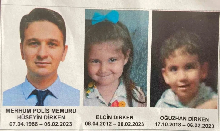 Depremde hayatını kaybeden polis baba ve 2 çocuğuna acı veda