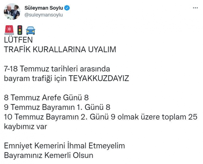 Bakan Soylu: “7-18 Temmuz tarihleri arasında bayram trafiği için teyakkuzdayız”