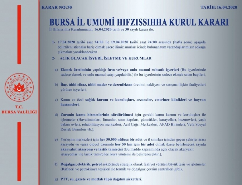 Bursa’da sokağa çıkma yasağına ilişkin kararlar açıklandı