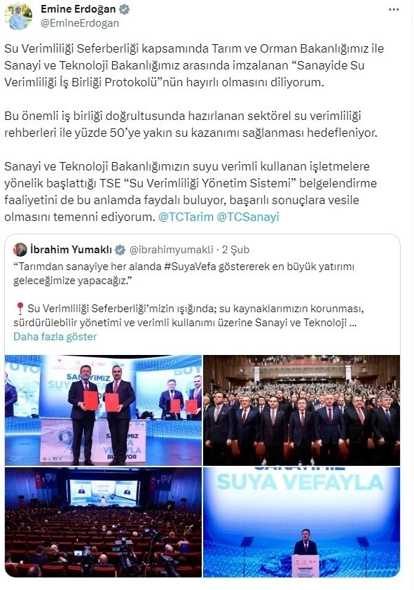 Emine Erdoğan "Sanayide Su Verimliliği İş Birliği Protokolü"nün hayırlı olmasını diledi
