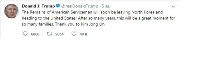 Trump Kim’e teşekkür etti