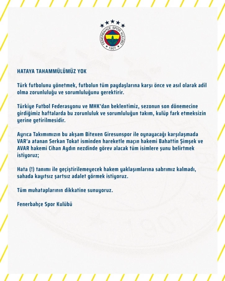 Fenerbahçe: "Hataya tahammülümüz yok"
