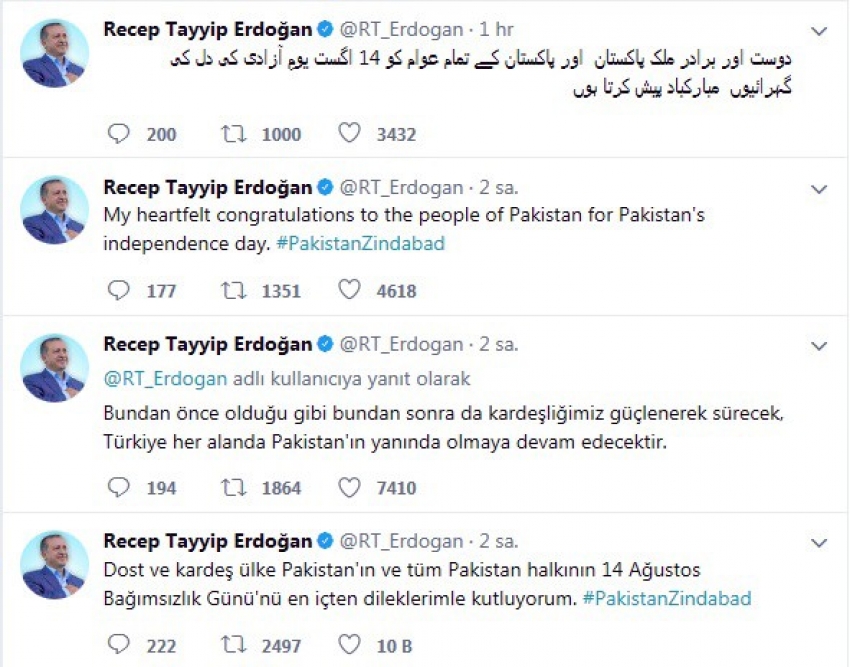 Cumhurbaşkanı Erdoğan'ın Pakistan'a kutlama mesajına cevap