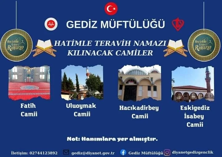 Gediz’de 4 camide hatimle teravih kılınacak
