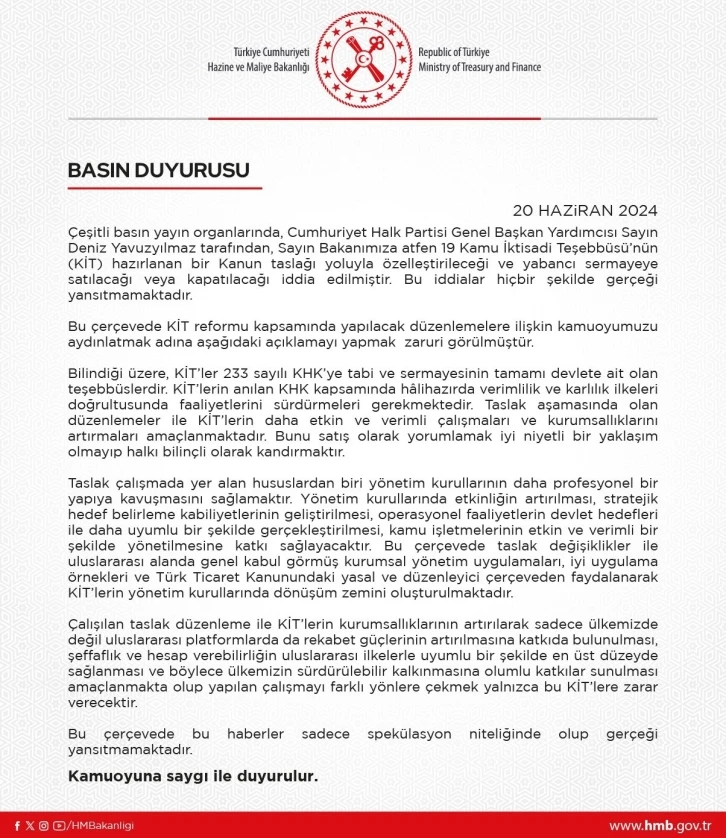 Hazine ve Maliye Bakanlığından, CHP Genel Başkan Yardımcısı Yavuzyılmaz’a yalanlama
