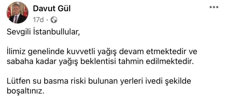 İstanbul Valisi Gül’den kuvvetli yağış uyarısı: "Su basma riski bulunan yerleri ivedi şekilde boşaltınız"
