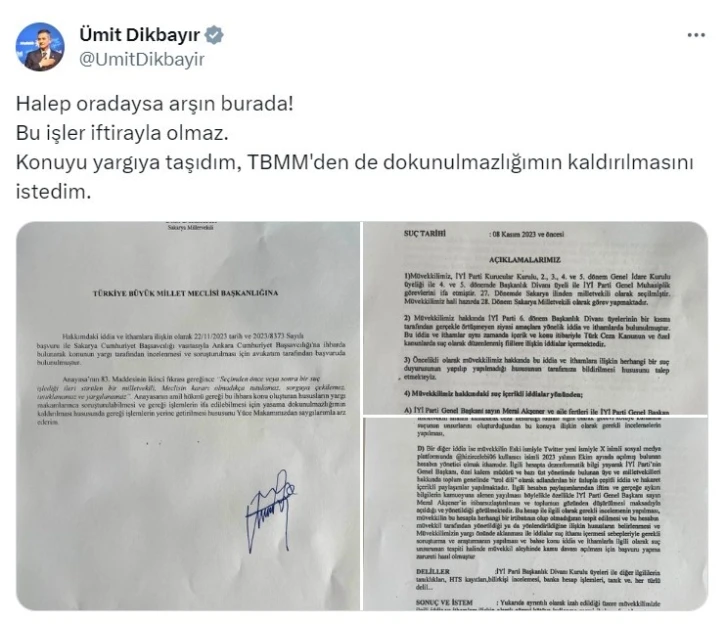 İYİ Partili Dikbayır, kendisi hakkında suç duyurusunda bulundu, dokunulmazlığının kaldırılması için TBMM’ye başvurdu
