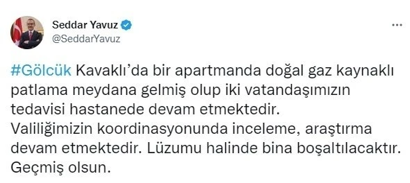 Kocaeli Valisi Yavuz’dan patlamaya ilişkin açıklama
