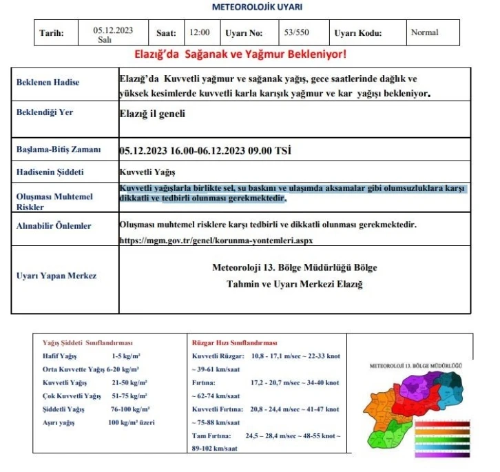 Meteorolojiden Elazığ için kuvvetli yağış uyarısı
