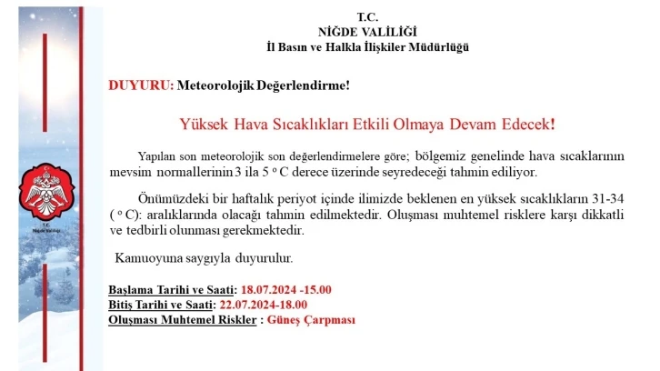 Niğde Valiliği’nden yüksek sıcaklık uyarısı
