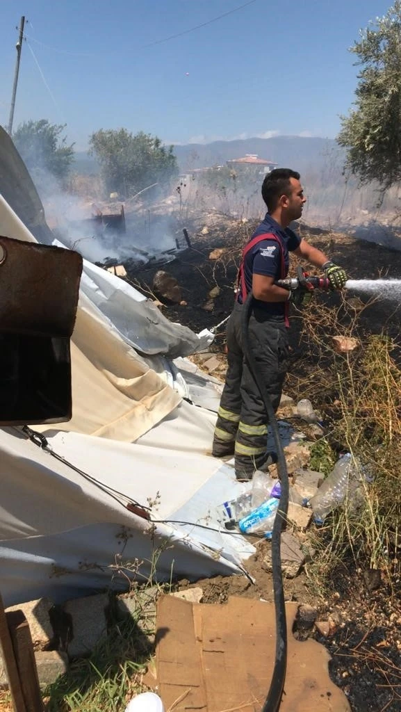 Otluk alanda çıkan yangın, çadıra sıçramadan söndürüldü
