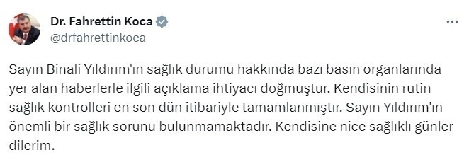 Sağlık Bakanı Koca: “Binali Yıldırım’ın önemli bir sağlık sorunu bulunmamaktadır”
