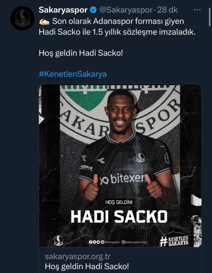 Sakaryaspor, Hadi Sacko’yu transfer etti
