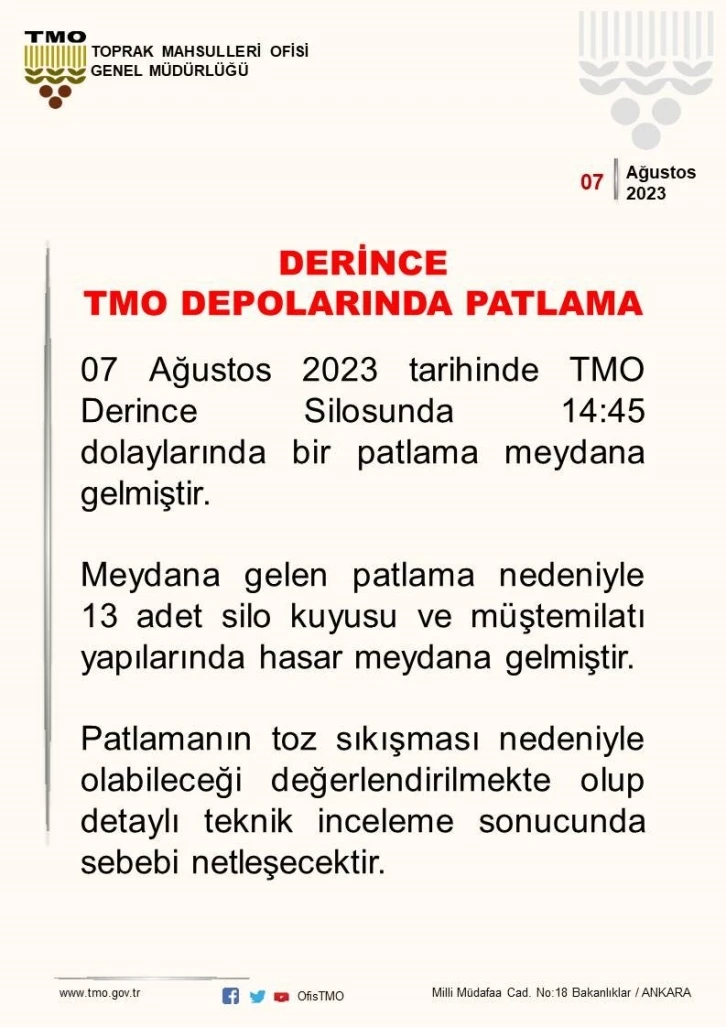 TMO: "Patlamanın toz sıkışması nedeniyle olabileceği değerlendirilmekte olup, detaylı teknik inceleme sonucunda sebebi netleşecektir"
