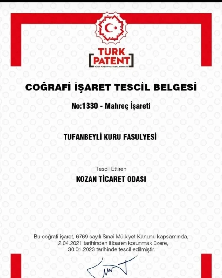 Tufanbeyli fasulyesine coğrafi işaret tescili