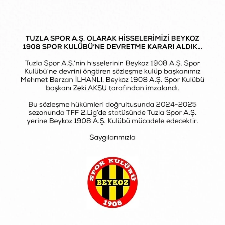 Tuzlaspor, hisselerini Beykoz 1908 SK’ya devrettiğini açıkladı
