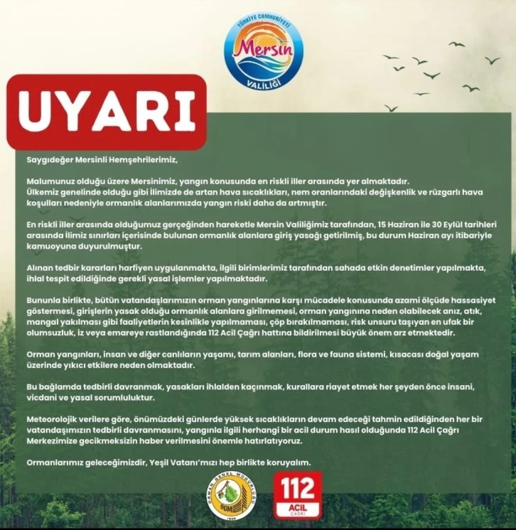 Vali Pehlivan, vatandaşları orman yangınlarına karşı duyarlı olmaya çağırdı
