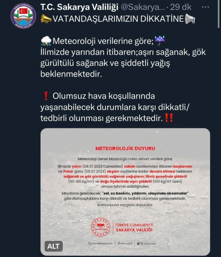 Valilik ve AFAD sağanağa karşı uyardı
