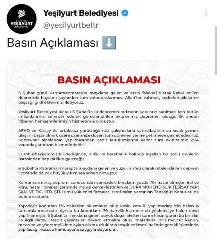 Yeşilyurt Belediyesi’nden Topsöğüt Konutları açıklaması
