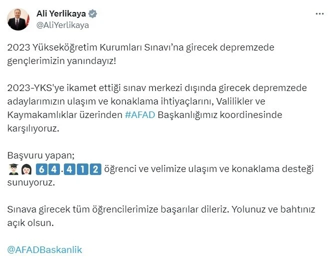 YKS’ye girecek depremzedelerin ulaşım ve konaklama ihtiyaçlarını AFAD karşılayacak
