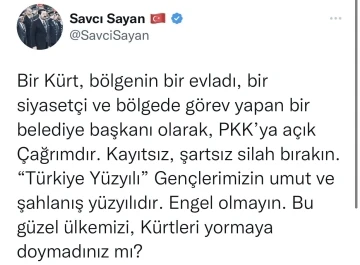 Başkan Sayan’dan PKK’ya çağrı: &quot;Silahlarınızı bırakın&quot;
