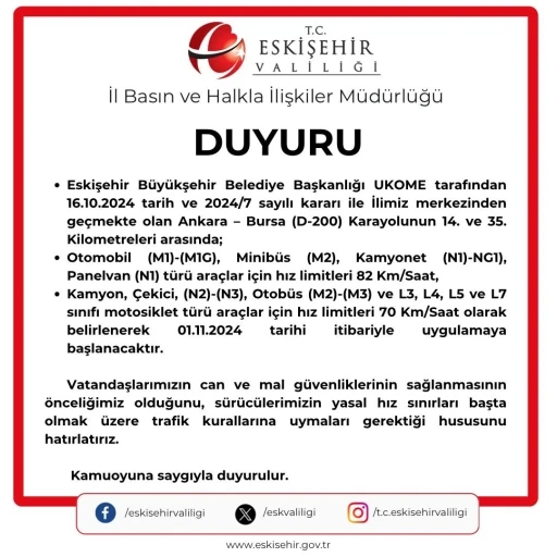 Eskişehir’den geçen Ankara-Bursa karayolundaki hız limiti düşürüldü
