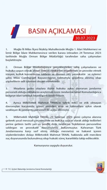 Jandarma Genel Komutanlığı: “Milletvekili Mahmut Tanal hakkında adli mercilere suç duyurusunda bulunulmuştur”
