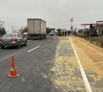 Manisa’da tır devrildi, yemler yola savruldu
