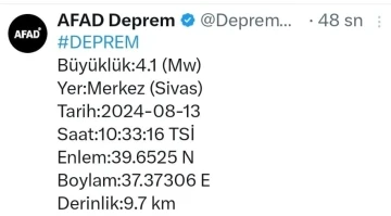 Sivas’ta 4.1 büyüklüğünde deprem
