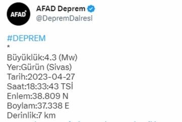 Sivas’ta 4,3 büyüklüğünde deprem
