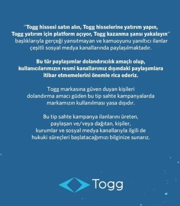 Togg’dan dolandırıcılık uyarısı
