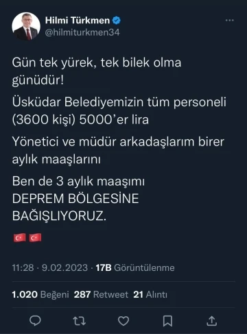 Üsküdar Belediyesi çalışanları maaşlarını deprem bölgesine bağışlayacak