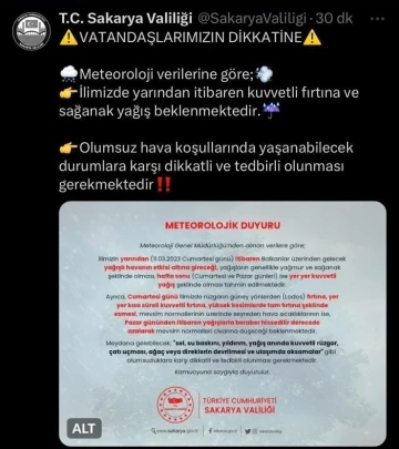 Valilikten kuvvetli fırtına ve sağanak yağış uyarısı
