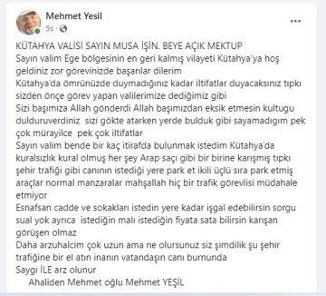 Yeşil’den Vali Işın’a mektup: &quot;Kütahya’da ömrünüzde duymadığınız kadar iltifatlar duyacaksınız&quot;
